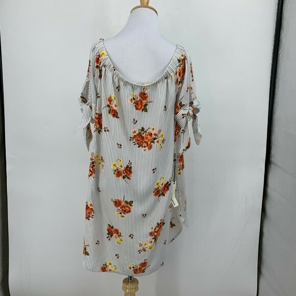 Haute Monde Floral Print Dress Womens Size L Off Shoulder Tie Mid Sleeves Stripe - Picture 3 of 12